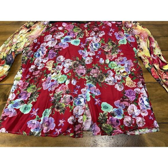 Calessa Top Womens XL Multi Floral Print Mesh Inset Roll Tab Button Shirt - Picture 11 of 12